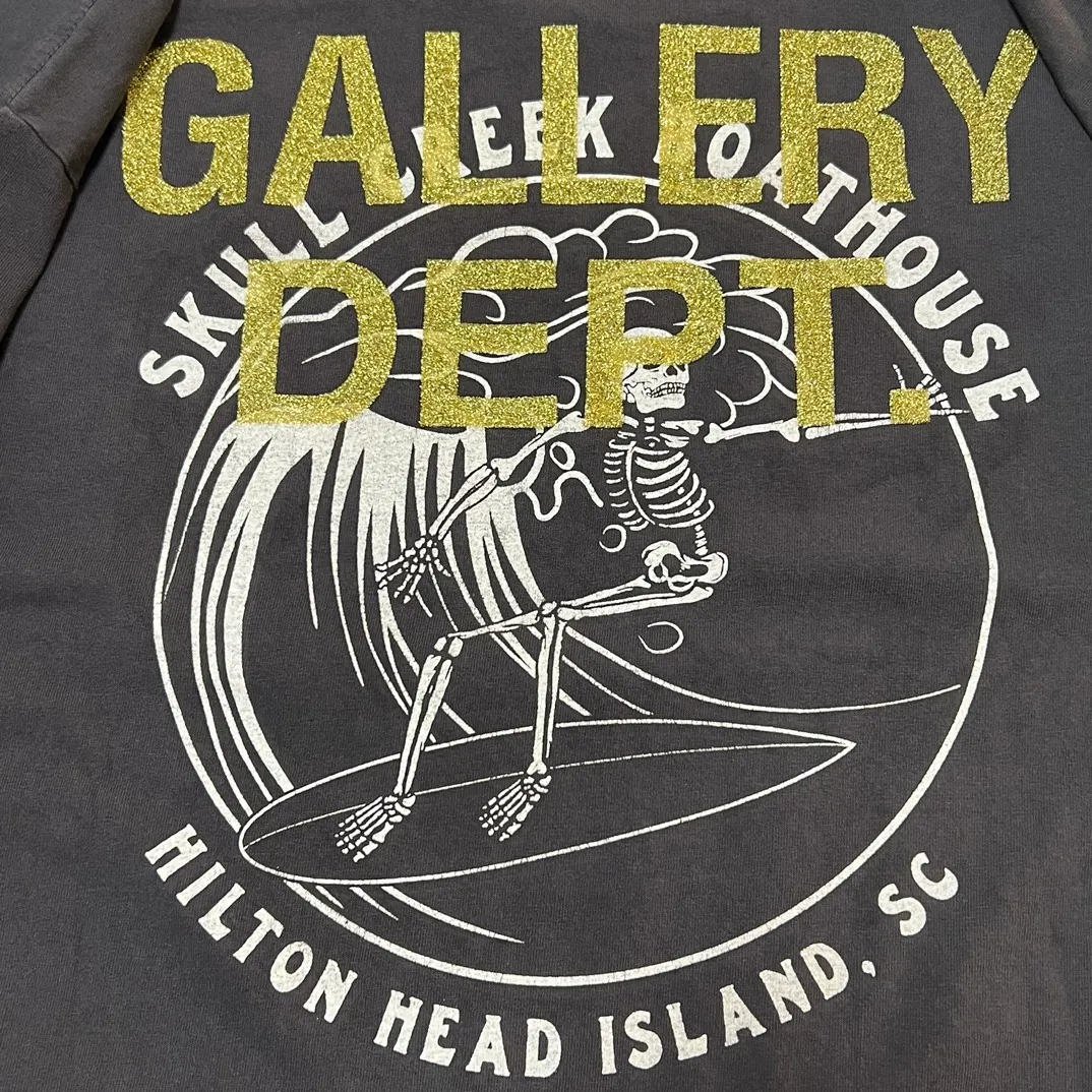 GALLERY DEPT. SKULL CREEK L/S TEE/BLK Glitter skull surf long sleeves, washed black S-XL, genuine development, correct version, garment dyed, washed and distressed, printing has a full sense of distress